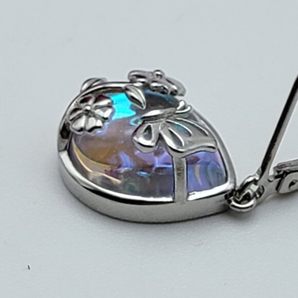 Sterling Silver 925 Butterfly & Flower Adorned Moonstone Dangle Earrings Hinged - Picture 4 of 9